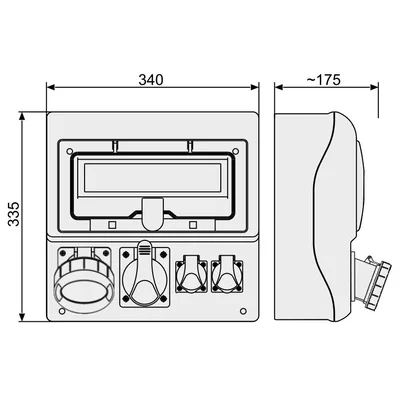 RSS-03 IP-44 switchboard - inspection window 12 modules - equipped with wiring for connecting protections - with sockets: 1x63A 3P+N+Z 400V~ 1x32A 3P+N+Z 400V~ 2x16A 2P+Z 250V~