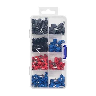 Satz Kabelschuhe, Aderendhülsen, 350 Stück. Einzeln: 80 x 0,75 mm², 10 mm; 70 x 1 mm², 10 mm; 60 x 1,5 mm², 10 mm; 50 x 2,5 mm², 10 mm. Doppelt: 30 x 0,75 mm², 8 mm; 25 x 1 mm², 10 mm; 20 x 1,5 mm², 10 mm; 15 x 2,5 mm², 10 mm.