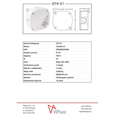 Scatola da parete con indebolimento, 4 ingressi, 88x88x40mm IP44, coperchio per 4 viti con morsetti, bianca