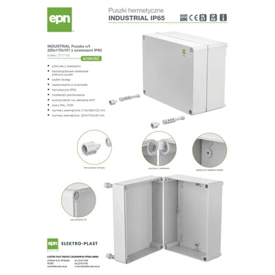 Scatola industriale da parete 220x170x107 con piastra di montaggio e cerniere IP 55 - grigia