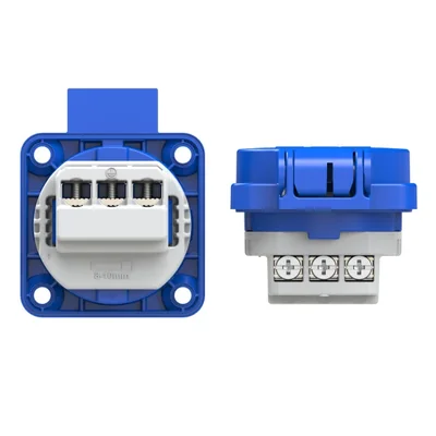 Schuko plug socket 16A 2P+E 230V 50/60Hz IP54, rear connection flange 50X50, nickel-plated contacts