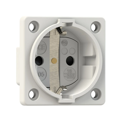 Schuko plug socket 16A 2P+E 230V 50/60Hz IP54, side connection flange 50X50, child protection, nickel-plated contacts