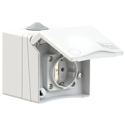 Schuko surface-mounted socket-outlet, series DESIGN 16A 2P+E 250V 50/60Hz IP44 (flange 90X90, screw spacing 73X73), nickel-plated contacts