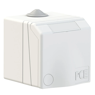 Schuko surface-mounted socket-outlet, series DESIGN 16A 2P+E 250V 50/60Hz IP44 (flange 90X90, screw spacing 73X73), nickel-plated contacts