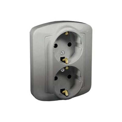 Schuko type earthed double socket-outlet, 16A, 230V, screw terminals, silver (metallic)