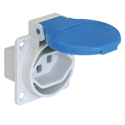Schweizer Version Platinensteckdose T23 16A 2P+E 230V 50/60Hz IP54, seitlicher Anschluss 50X50 Flansch, vernickelte Kontakte