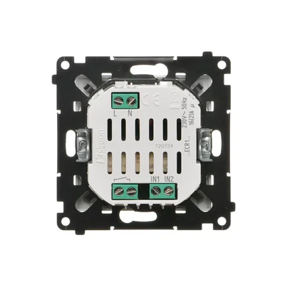 Sensor de movimiento Simon 55 WMDR-001R10-111 con relé de 16 A, 230 V~ (módulo). Características: modos AUTON, ON, OFF, SIMULATION. Persianas PCR/... incluidas; blanco mate.