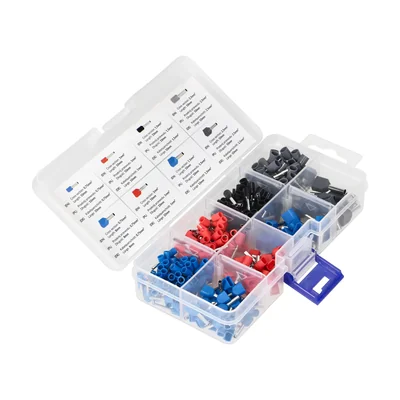 Set di capicorda e puntalini per cavi, 350 pezzi. Singoli: 80x0,75mm2, 10mm; 70x1mm2, 10mm; 60x1,5mm2, 10mm, 50x2,5mm2, 10mm Doppi: 30x0,75mm2, 8mm; 25x1mm2, 10mm; 20x1,5mm2, 10mm; 15x2,5mm2, 10mm