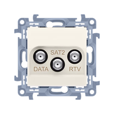 SIMON 10 RTV-DATA-SAT-Anschlussbuchse (Modul) 1xWE 5÷2400 MHz, 3xWY „F“, (RTV:88÷900 MHz), (DATA: 5÷900 MHz), (SAT: 950÷2400 MHz) , cremig