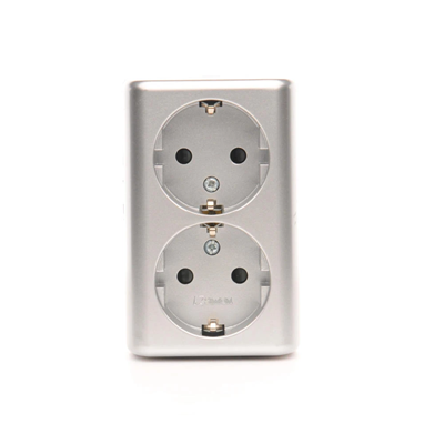 SIMON 54 Double surface-mounted socket outlet with earthing schuko with shutters Scandinavian version 16A 230V quick connectors silver matt