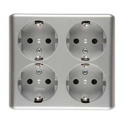 SIMON 54 Prise quadruple avec mise à la terre, type Schuko, avec obturateurs pour chemins de courant - Version scandinave (produit complet) 16A, 250V, connecteurs rapides, aluminium, métallisé