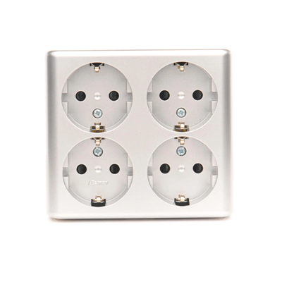 SIMON 54 Quadruple socket-outlet with earthing, Schuko type, with shutters for current paths - Scandinavian version (complete product) 16A, 250V, quick connectors, aluminum, metallized