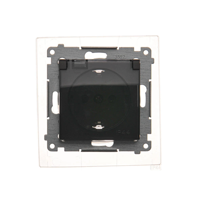 SIMON 54 Schuko socket for IP44 version with shutters with gasket, transparent flap, brown matt