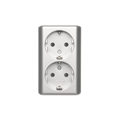 SIMON 54 Surface-mounted double socket outlet with shutters 16A 230V screw terminals silver matt