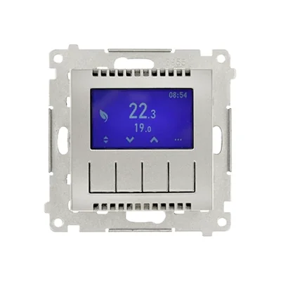 Simon 54 WMDR-17xxx1-043 Termostato programmabile con display con sensore di temperatura interno/esterno, senza sonda (modulo) 16(2) A, 230V~; argento opaco
