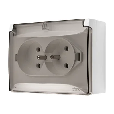 Simon Aquaclick WA-ACGZ2Zx-xx-11Ax Surface-mounted socket, double compact with earthing, transparent cover with current path shutter, IP44, Σ16A, 250V~, screw terminals; white