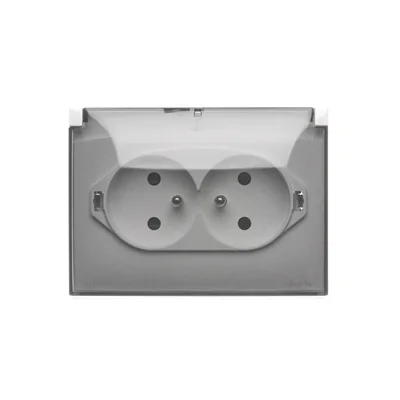 Simon Aquaclick WA-ACGZ2Zx-xx-11Ax Surface-mounted socket, double compact with earthing, transparent cover with current path shutter, IP44, Σ16A, 250V~, screw terminals; white