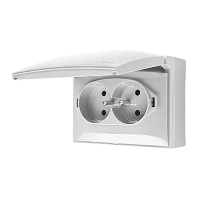 Simon Aquaclick WA-ACGZ2Zx-xx-11xx Surface-mounted socket, double compact with earthing, cover color, with current path shutter, IP44, Σ16A, 250V~, screw terminals; white