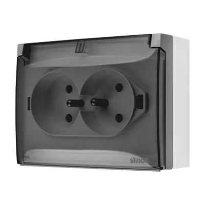 Simon Aquaclick WA-ACGZ2Zx-xx-16Ax Surface-mounted socket, double compact with earthing, transparent cover with current path shutter, IP44, Σ16A, 250V~, screw terminals; gray