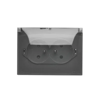 Simon Aquaclick WA-ACGZ2Zx-xx-16Ax Surface-mounted socket, double compact with earthing, transparent cover with current path shutter, IP44, Σ16A, 250V~, screw terminals; gray