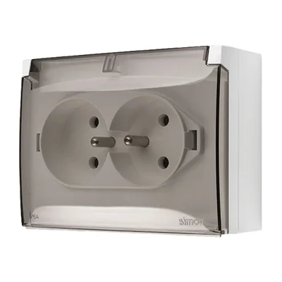 Simon Aquaclick WA-ACGZ2Zx-xx-16Ax Surface-mounted socket, double compact with earthing, transparent cover with current path shutter, IP44, Σ16A, 250V~, screw terminals; gray