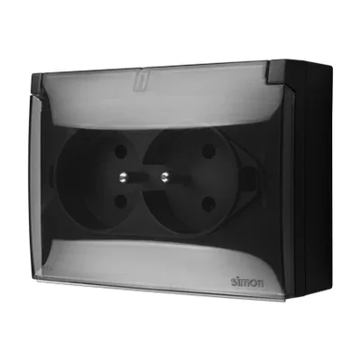 Simon Aquaclick WA-ACGZ2Zx-xx-49Ax Surface-mounted socket, double compact with earthing, transparent cover with current path shutter, IP44, Σ16A, 250V~, screw terminals; black