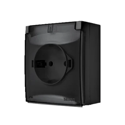 Simon Aquaclick WA-CGSZ1CZ-xx-49Ax Surface-mounted socket, Schuko, single, transparent cover with current path shutters, IP44, Σ16A, 250V~, screw terminals; black