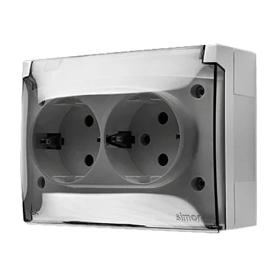 Simon Aquaclick WA-CGSZ2Zx-xx-11Ax Surface-mounted socket, Schuko, double compact, transparent cover, with shutters, IP44, 16A, 250V~, screw terminals; white
