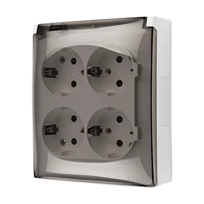 Simon Aquaclick WA-CGSZ4CZ-xx-11Ax Surface-mounted socket, Schuko, 4-gang, transparent cover, with shutters, IP44, 16A, 250V~, quick connectors; white