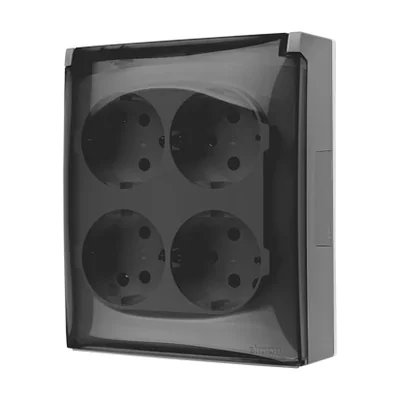 Simon Aquaclick WA-CGSZ4xx-xx-16Ax Surface-mounted socket, Schuko, 4-gang, transparent cover, IP44, 16A, 250V~, screw terminals; gray