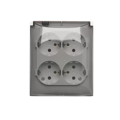 Simon Aquaclick WA-CGSZ4Zx-xx-11Ax Zásuvka na omítku, Schuko, 4násobná, průhledný kryt, s clonkami, IP44, 16 A, 250 V~, šroubovací svorky; bílá
