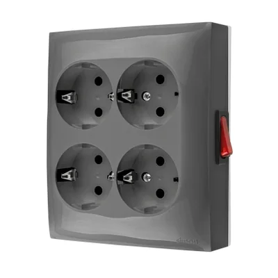 Simon Aquaclick WA-GSZN4W1-xx-16xx Surface-mounted socket, Schuko, 4-way, with built-in switch, IP20, 16A, 250V~, screw terminals; gray