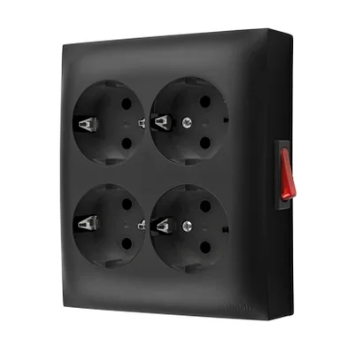 Simon Aquaclick WA-GSZN4W1-xx-49xx Surface-mounted socket, Schuko, 4-way, with built-in switch, IP20, 16A, 250V~, screw terminals; black