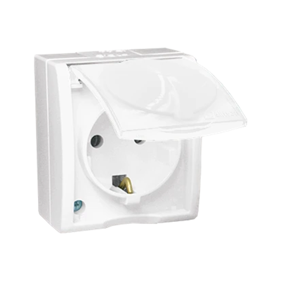 SIMON AQUARIUS Presa con messa a terra, schuko, antispruzzo IP54, coperchio bianco, con otturatori per percorsi corrente, 16A 230V, bianco