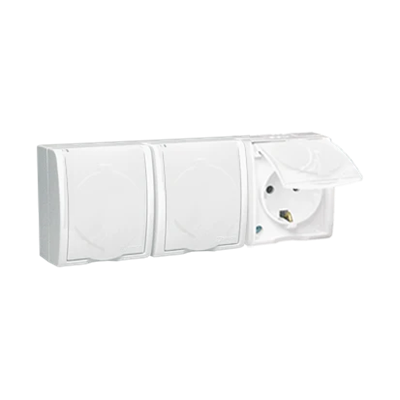 SIMON AQUARIUS Toma de corriente triple con toma de tierra schuko, antisalpicaduras IP54, tapa blanca con persianas para paso de corriente 16A 2300V blanco