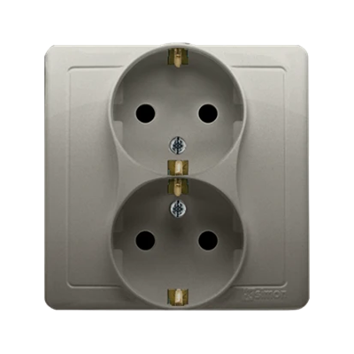 SIMON BASIC Double socket outlet with earthing Schuko with shutters for current paths satin