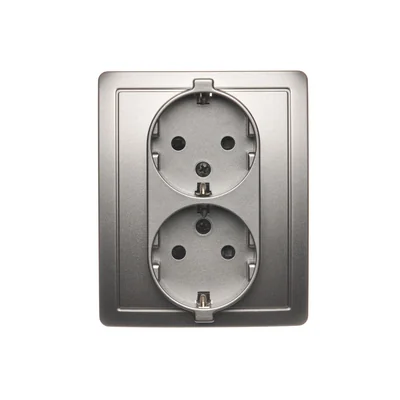 SIMON BASIC Double socket outlet with earthing Schuko with shutters for current paths satin