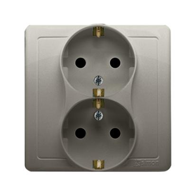 SIMON BASIC Double socket outlet with earthing Schuko with shutters for current paths satin