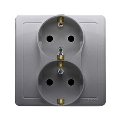 SIMON BASIC Double socket outlet with earthing Schuko with shutters for current paths silver matt