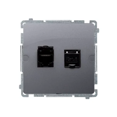 SIMON BASIC Gniazdo komputerowe podwójne ekranowane RJ45 kategoria 6 z przesłoną przeciwkurzową (moduł) srebrny mat metalizowany