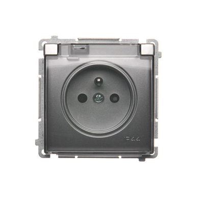 SIMON BASIC Socket with grounding, with a shutter for current paths, splash-proof IP44 (module), 16A, 250V~, silver matt