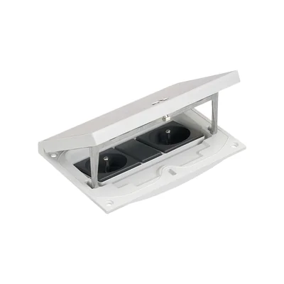 Simon Connect TSC-KFH220-72 Einsatz mit Abdeckung; zwei Steckdosen, Typ E (mit Schutzkontakt); Kappe 22,5 x 45 mm, leicht zugängliches Schloss, Edelstahl