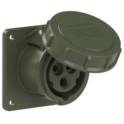 Simple military panel socket 16A 2P+E 230V 50/60Hz 6h IP67, flange 75X75, screw spacing 60X60