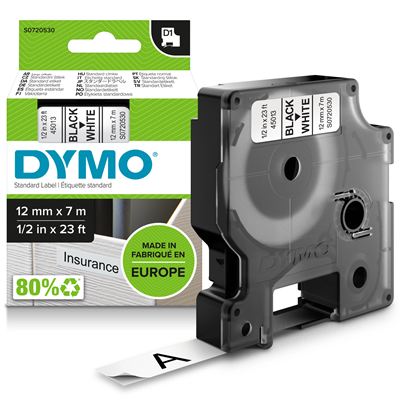 Скотч DYMO D1 12мм х 7м білий / чорний принт 45013