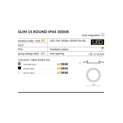 SLIM ROUND 15 3000K Lampa sufitowa wpuszczana czarna