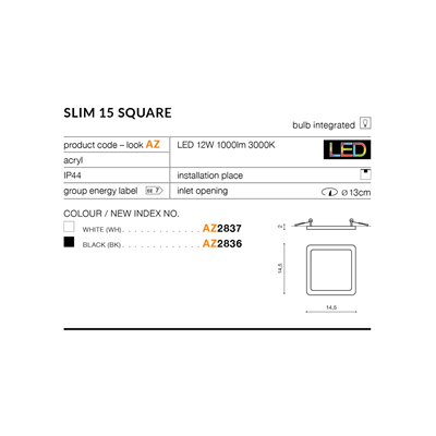 SLIM SQUARE 15 3000K Plafonnier encastrable noir