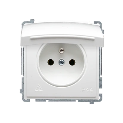 Socket with grounding (module), with shutters for current paths, splash-proof IP44, 16A, 250V, screw terminals, white