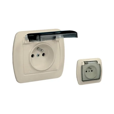 Socket with grounding, splash-proof IP44, 16A, 250V, screw terminals. Transparent flap, beige