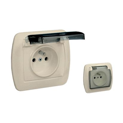 Socket with grounding, splash-proof IP44, 16A, 250V, screw terminals. Transparent flap, beige