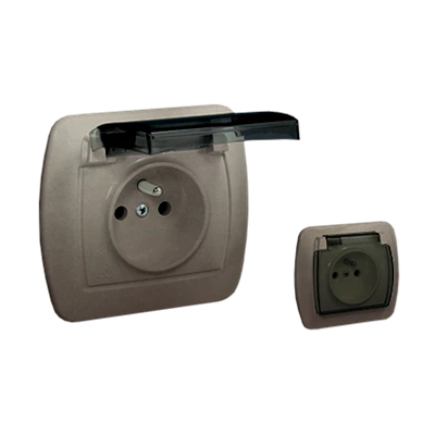 Socket with grounding, splash-proof IP44, 16A, 250V, screw terminals. Transparent flap, satin (metallic)